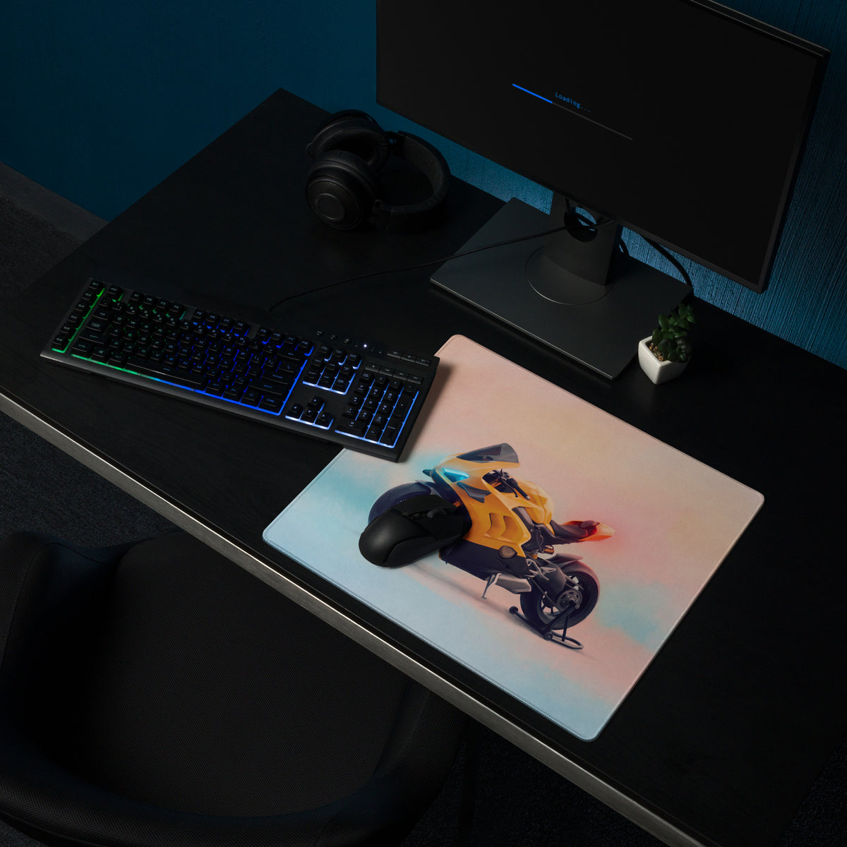 A rectangular gaming desk mat with a vibrant yellow Ducati Panigale inspired motorcycle illustration and soft gradient background
