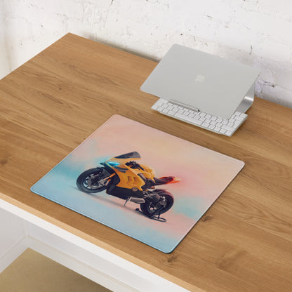 Yellow Ducati Panigale inspired large gaming desk mat with motorcycle graphic and blue pink gradient background mousepad