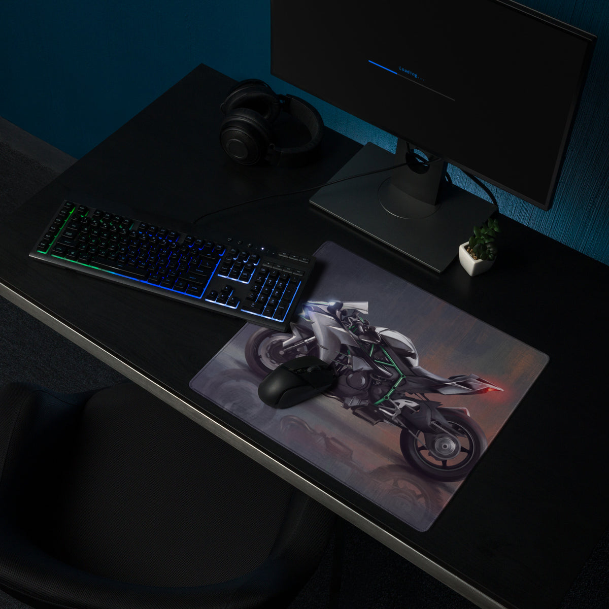 Kawasaki Ninja H2 Inspired Oversized Gaming Desk Pad, Silver and Black Hyperbike Office Mousepad