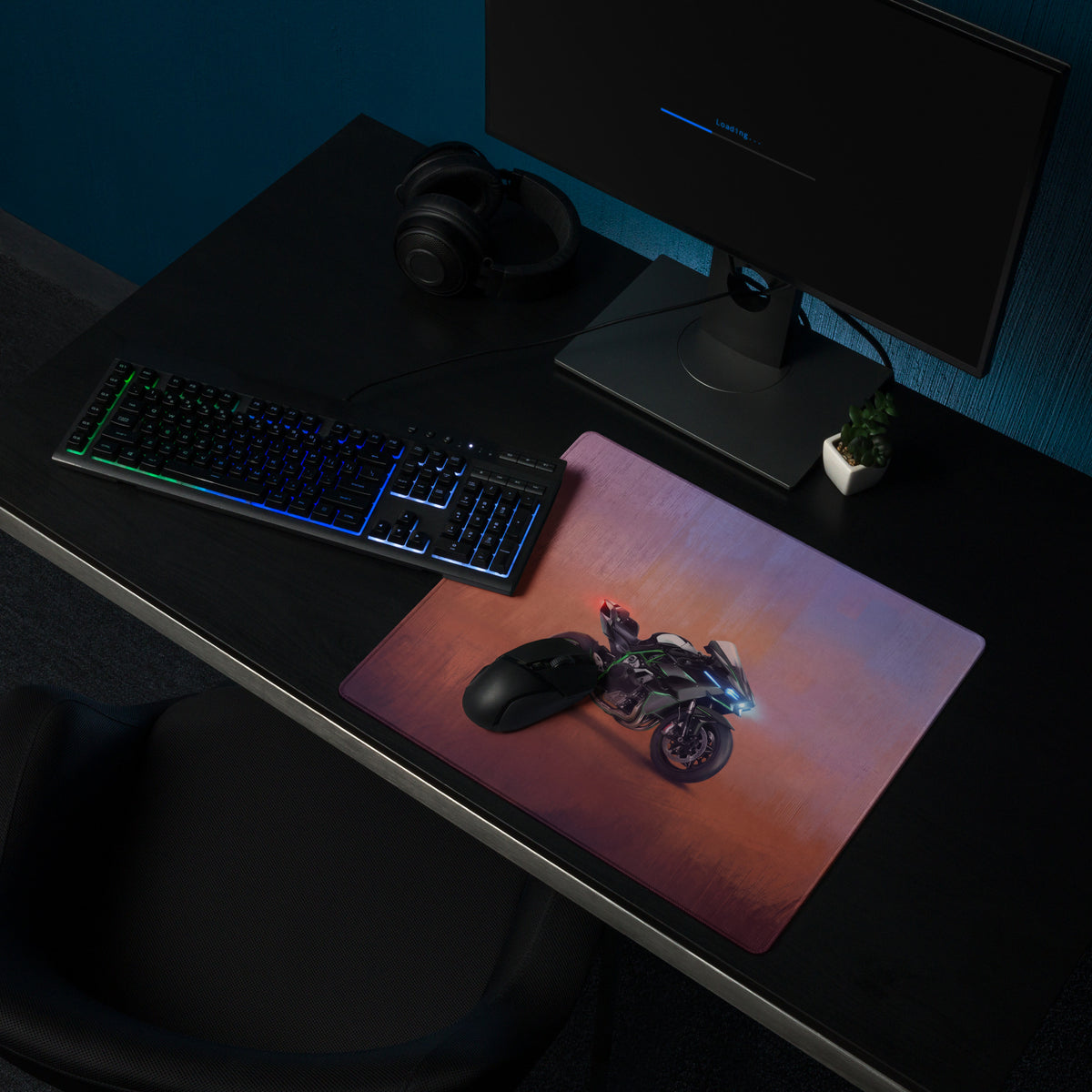 Kawasaki Ninja H2 Inspired Extended Keyboard Mat, Dark Metallic Supercharged Sportbike Desk Pad