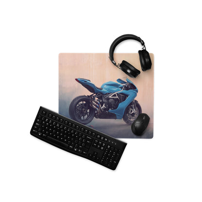 MV Agusta F3 Inspired Extended Gaming Desk Mat, Blue Triple-Exhaust Superbike Mousepad