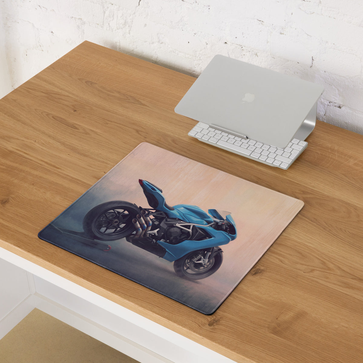 MV Agusta F3 Inspired Extended Gaming Desk Mat, Blue Triple-Exhaust Superbike Mousepad