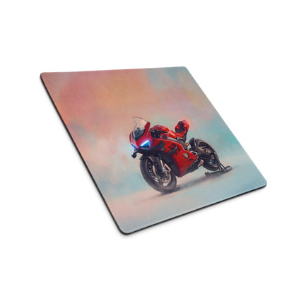 Red ducati superleggera v4 inspired premium gaming desk pad with motorcycle graphic on soft pastel sky background