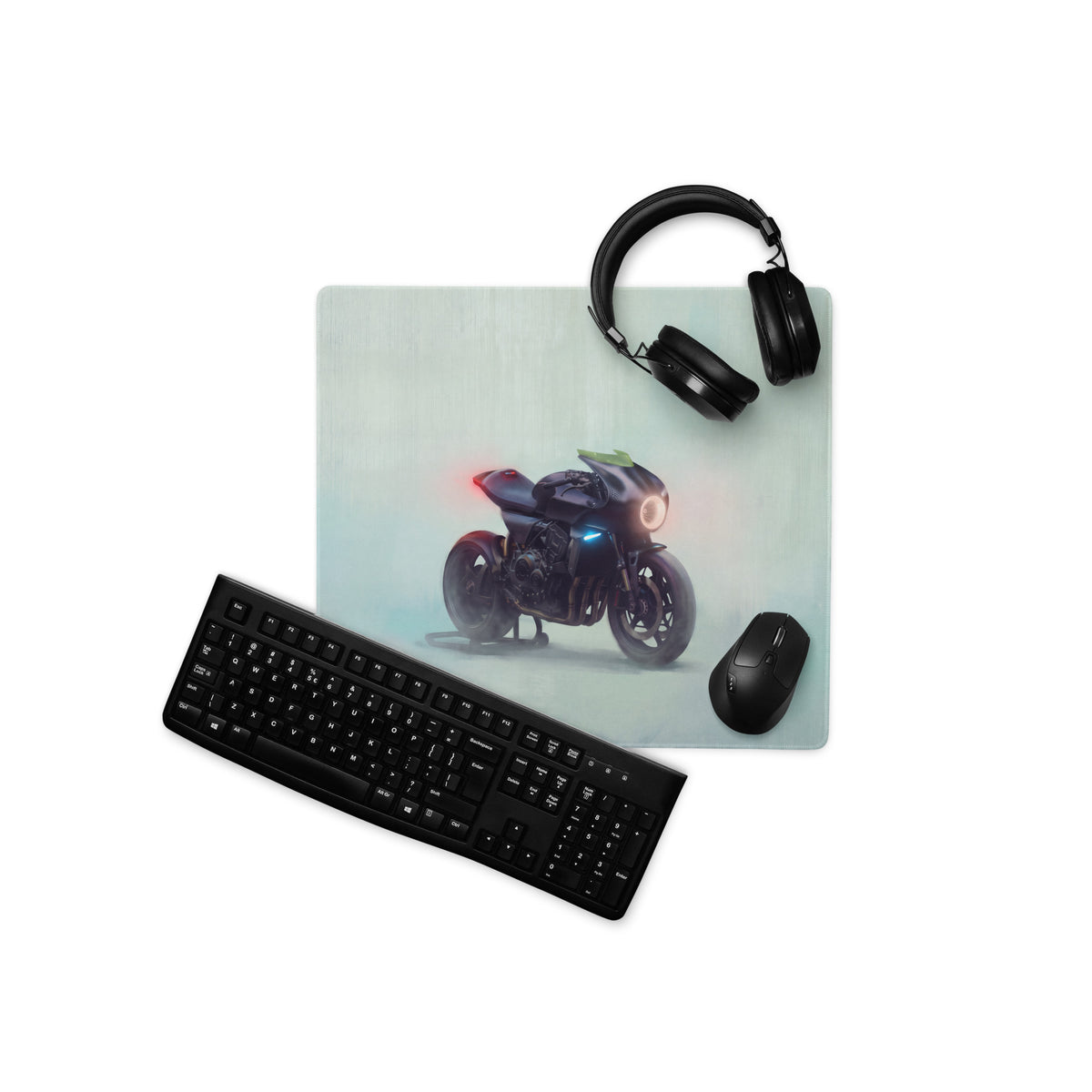 Custom cafe racer premium gaming mousepad featuring black surface with glowing red and blue cafe racer bike graphic