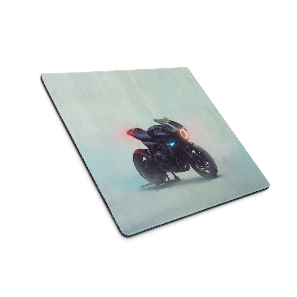Custom cafe racer premium gaming mousepad with black surface and glowing red and blue cafe racer bike illustration