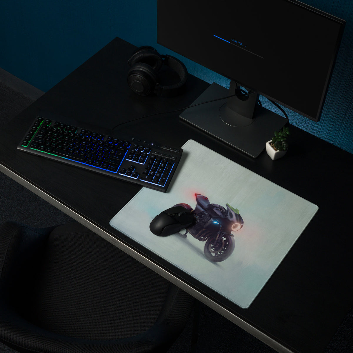 A sleek rectangular custom cafe racer premium gaming mousepad with a vibrant futuristic motorcycle graphic in red and blue