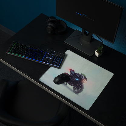A sleek rectangular custom cafe racer premium gaming mousepad with a vibrant futuristic motorcycle graphic in red and blue