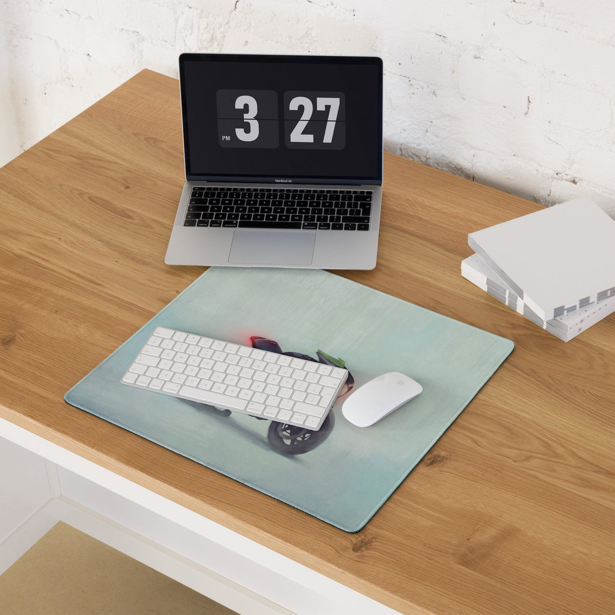 Custom cafe racer premium gaming mousepad in light teal with a modern retro motorcycle design for desk use