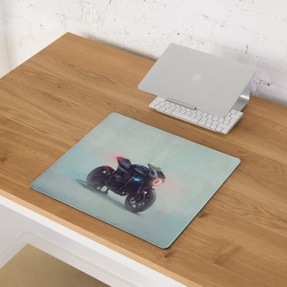 Rectangular custom cafe racer premium gaming mousepad with detailed black motorcycle and glowing red and blue lights on teal