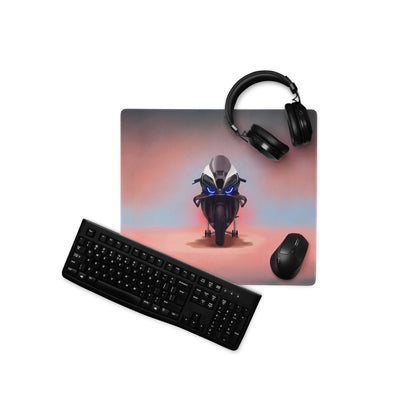Bmw m1000rr inspired large black and white gaming mousepad with glowing blue eyes and red underglow on carbon hyperbike design