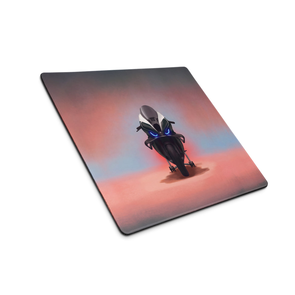 Bmw m1000rr inspired large gaming mousepad featuring a black and white futuristic motorcycle with glowing blue headlights