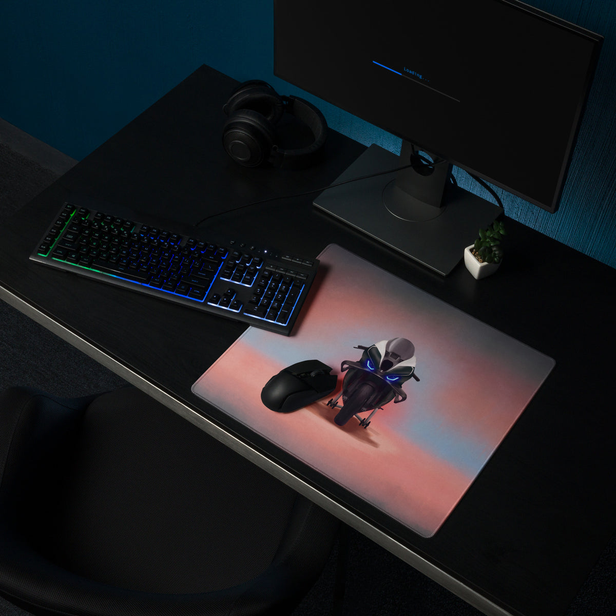 Bmw m1000rr inspired large gaming mousepad with vibrant pink and blue gradient and black motorcycle design
