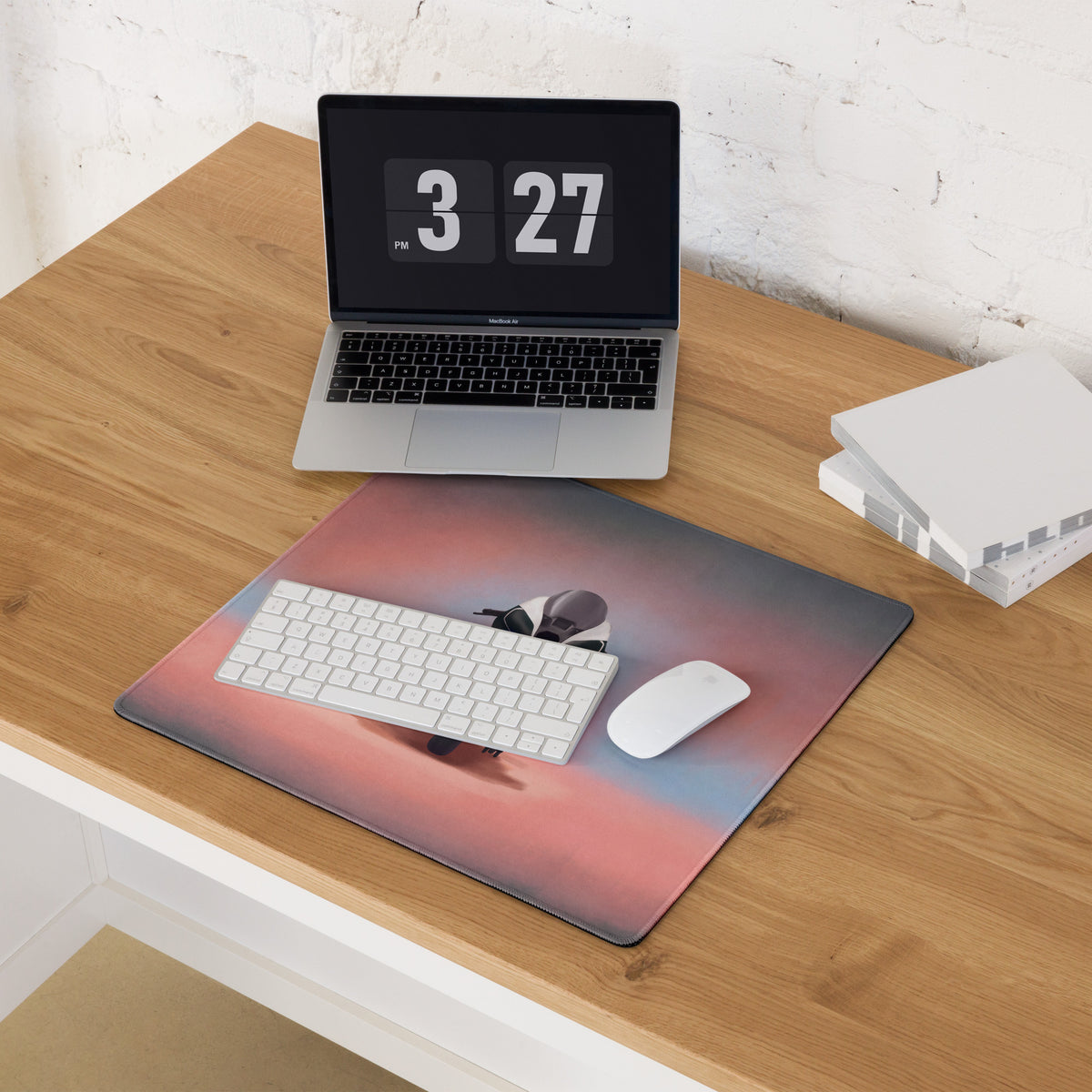 Rectangular bmw m1000rr inspired large gaming mousepad with gradient pink and blue sky and white airplane silhouette