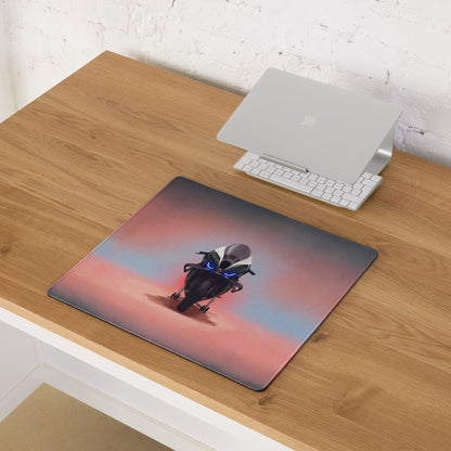 Rectangular gaming mousepad featuring a black motorcycle with glowing blue headlights and a pink orange sunset background