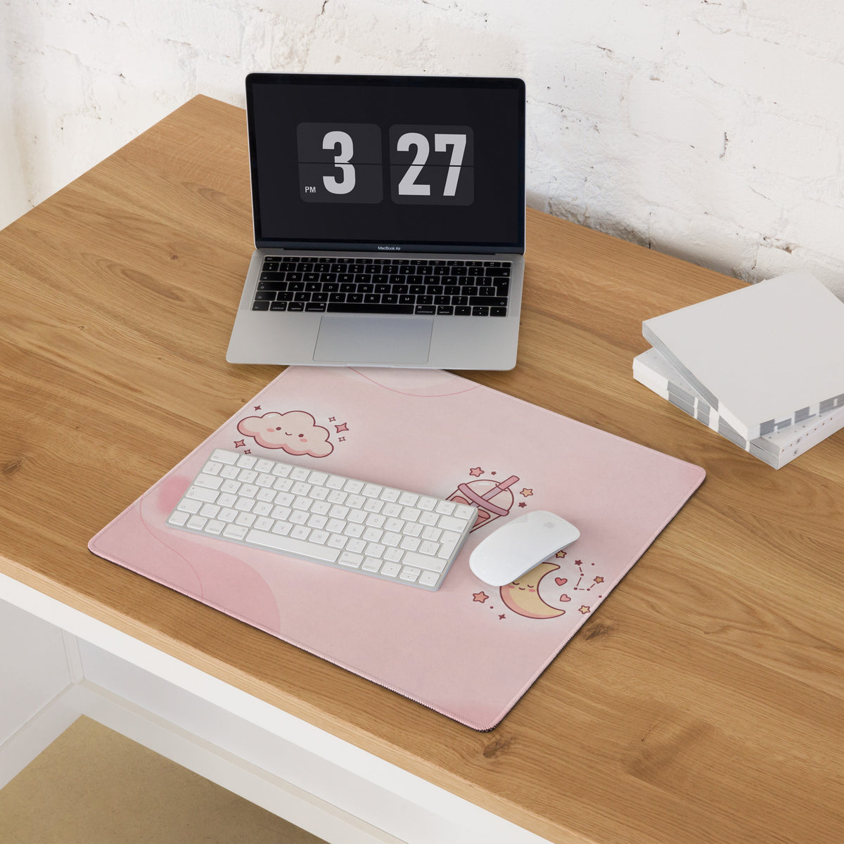 Pink Cute Gaming Mouse Pad With Strawberries And Clouds Design
