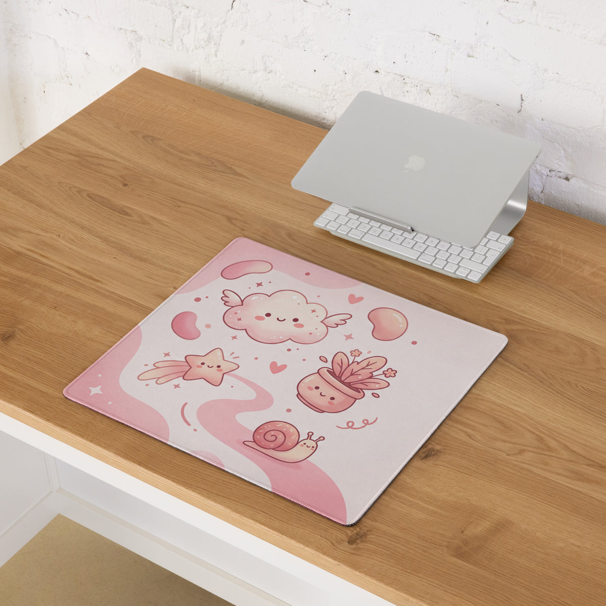 Pink Cute Cartoon Mouse Pad Large Non Slip Girly Hearts And Stars Design