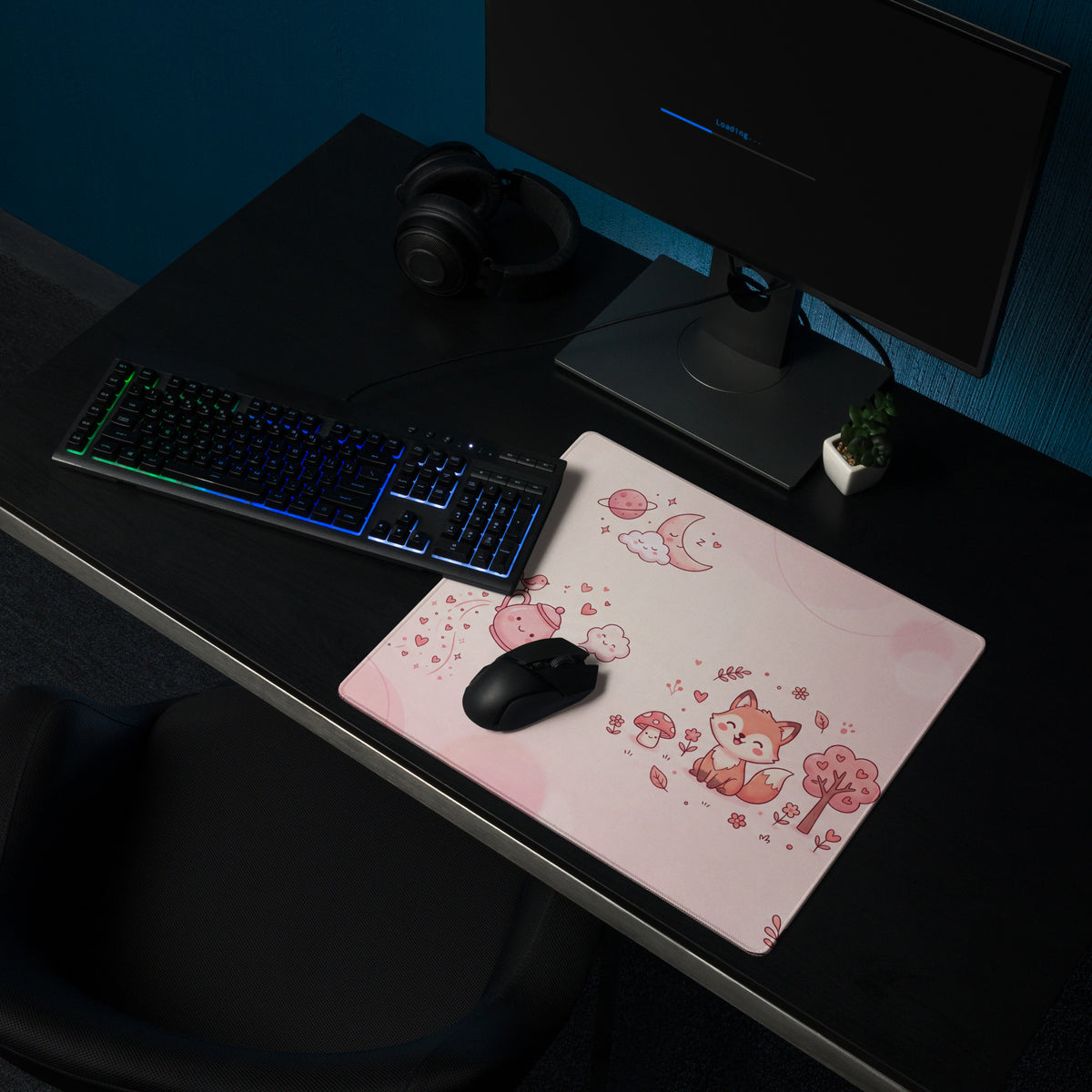 Pink Cute Gaming Mouse Pad With Hearts & Fox