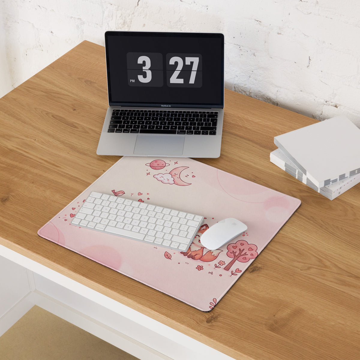 Pink Cute Gaming Mouse Pad With Hearts & Fox