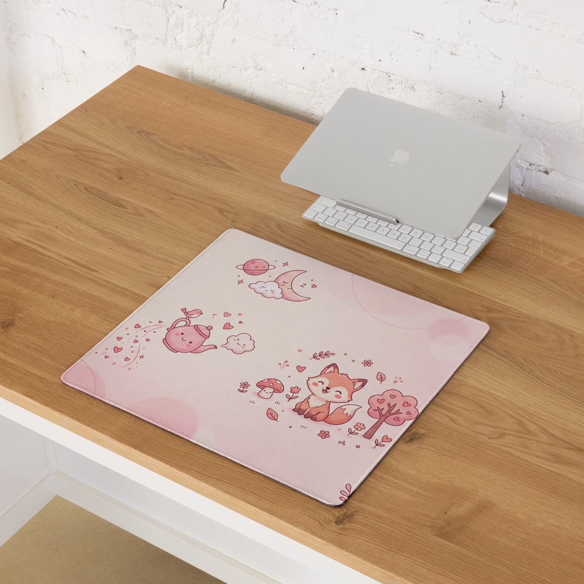 Pink Cute Gaming Mouse Pad With Hearts & Fox