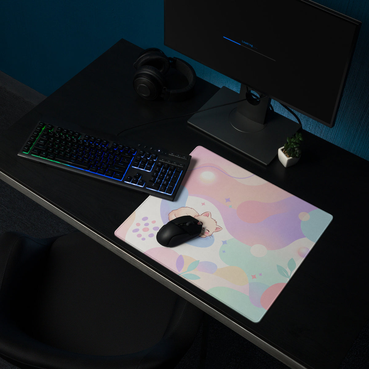 Pastel Rainbow Kitty Themed Gaming Mouse Pad