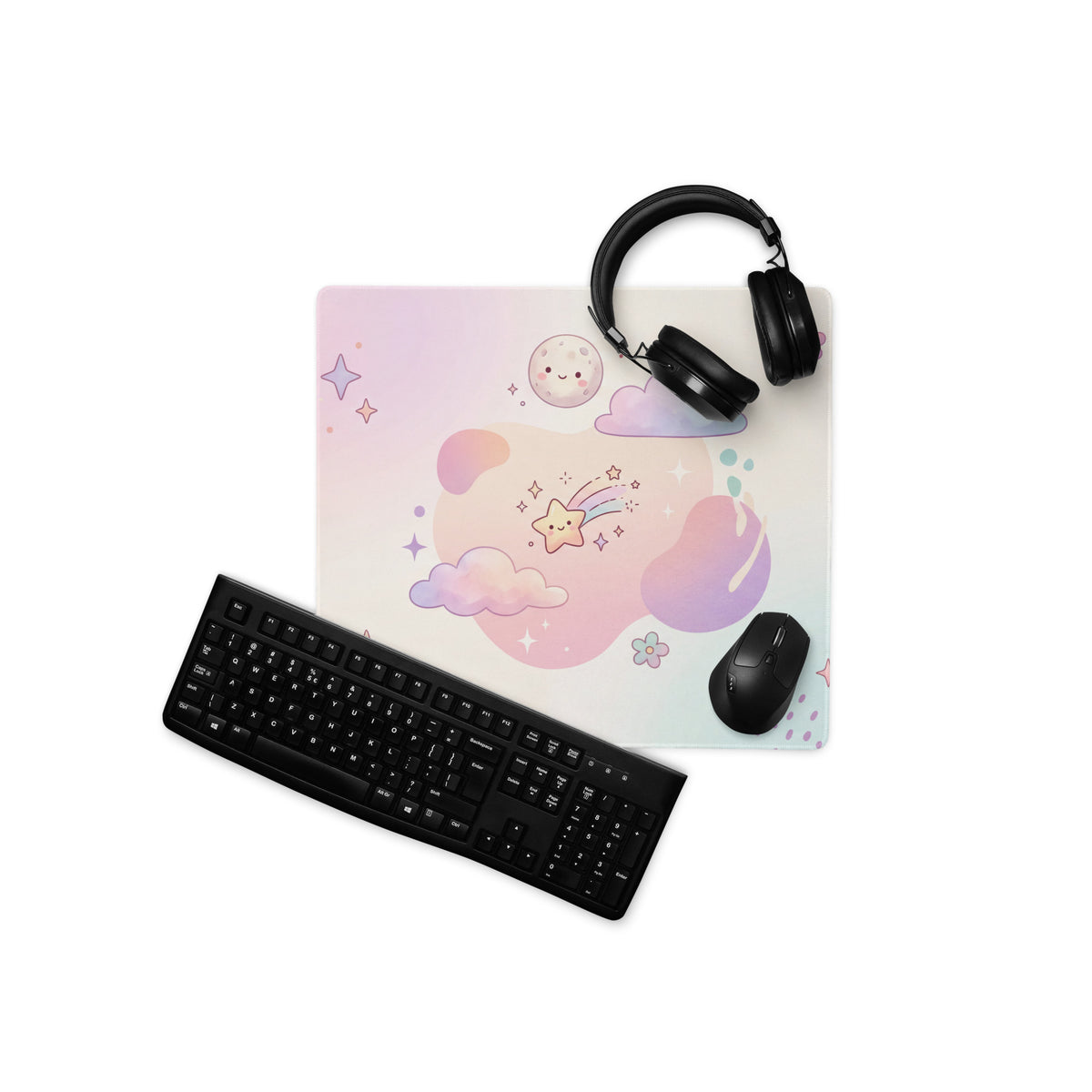 Pastel Cute Dream World Gaming Mouse Pad With Moon Bunny Cats