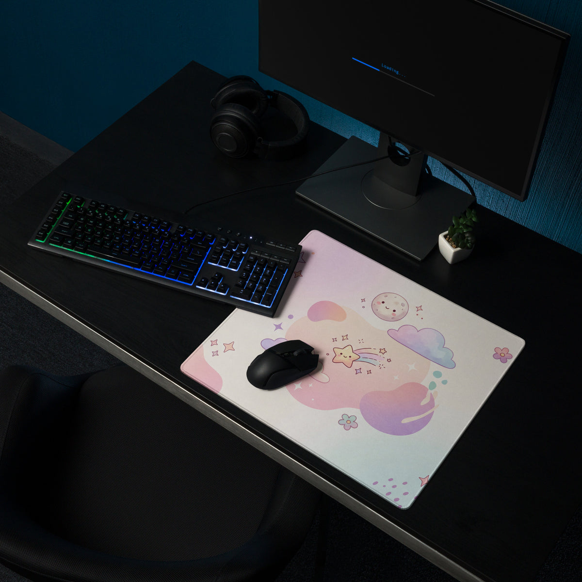 Pastel Cute Dream World Gaming Mouse Pad With Moon Bunny Cats