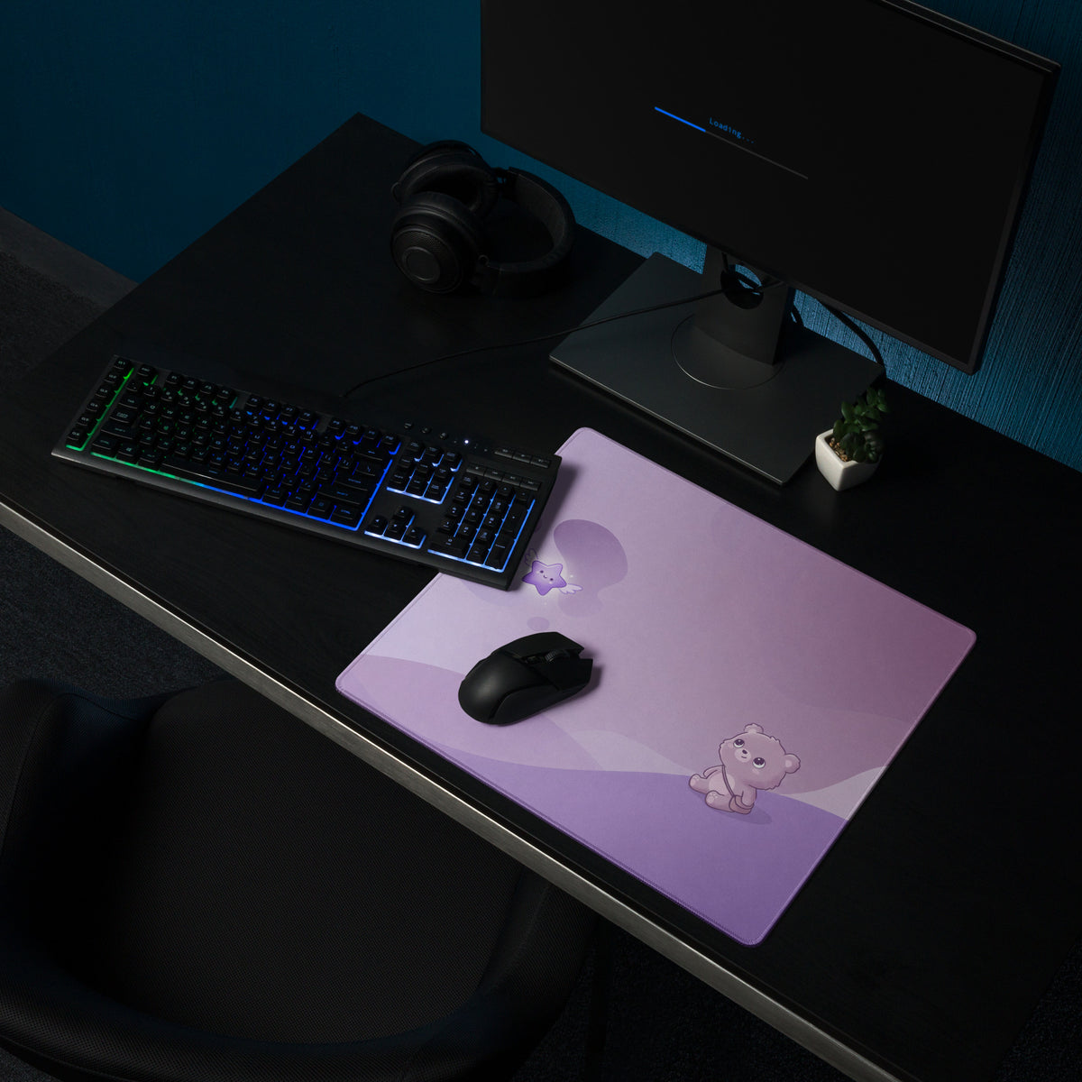 Purple Cute Gaming Mouse Pad With Clouds Stars Bear Design