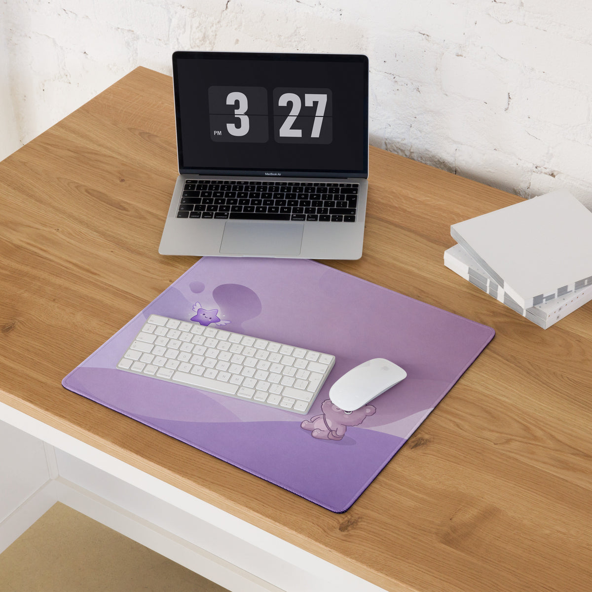 Purple Cute Gaming Mouse Pad With Clouds Stars Bear Design