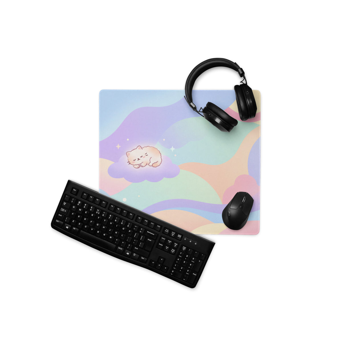 Pastel Cute Cats Gaming Mouse Pad Rainbow Clouds