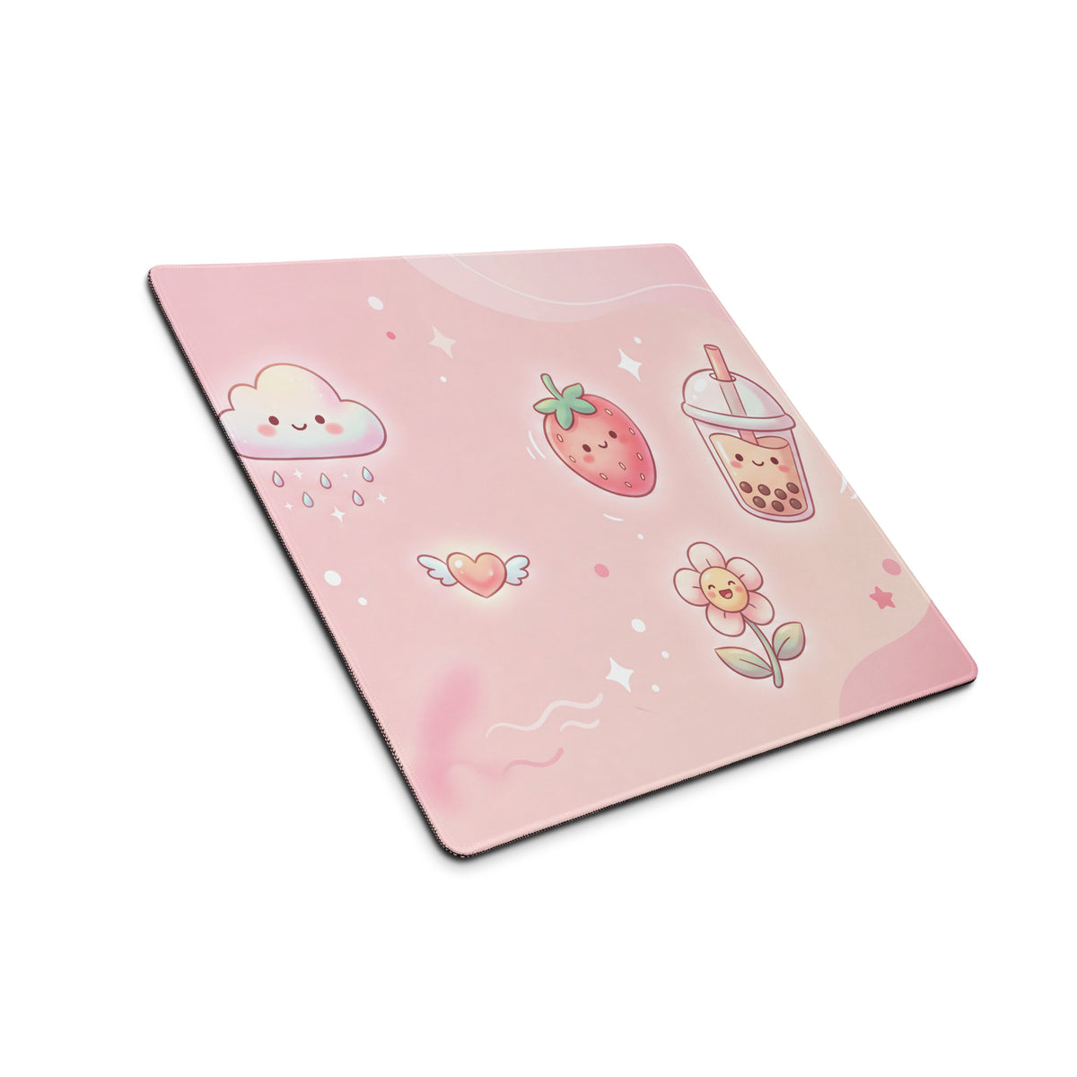 Pink Cute Gaming Mouse Pad With Strawberries Clouds And Boba Tea Design
