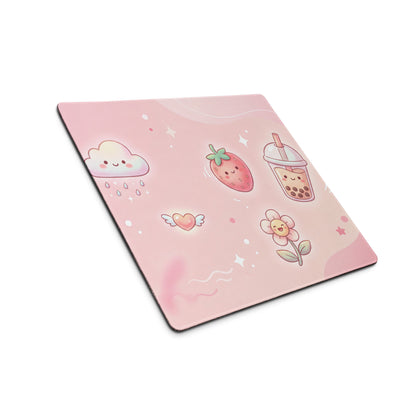 Pink Cute Gaming Mouse Pad With Strawberries Clouds And Boba Tea Design