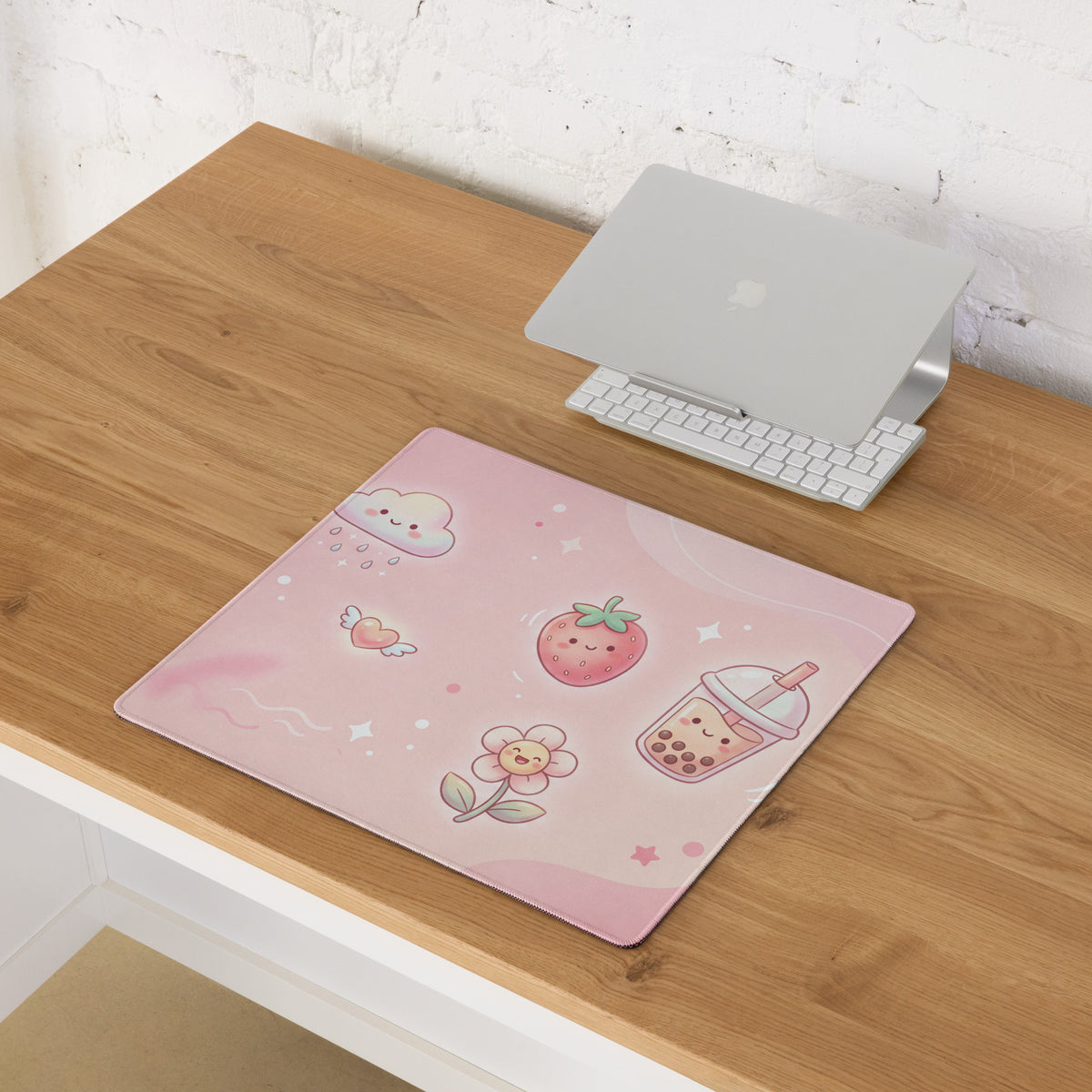 Pink Cute Gaming Mouse Pad With Strawberries Clouds And Boba Tea Design