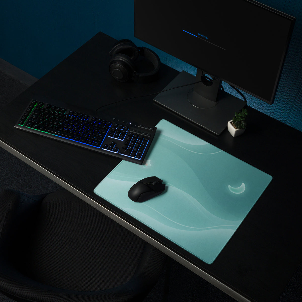Pastel Teal Large Gaming Mouse Pad With Cute Cloud Moon Design
