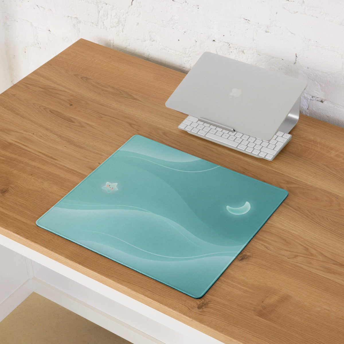 Pastel Teal Large Gaming Mouse Pad With Cute Cloud Moon Design