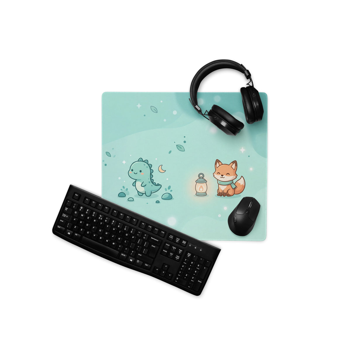 Cute Teal Galaxy Gaming Mouse Pad With Moon And Cloud Design