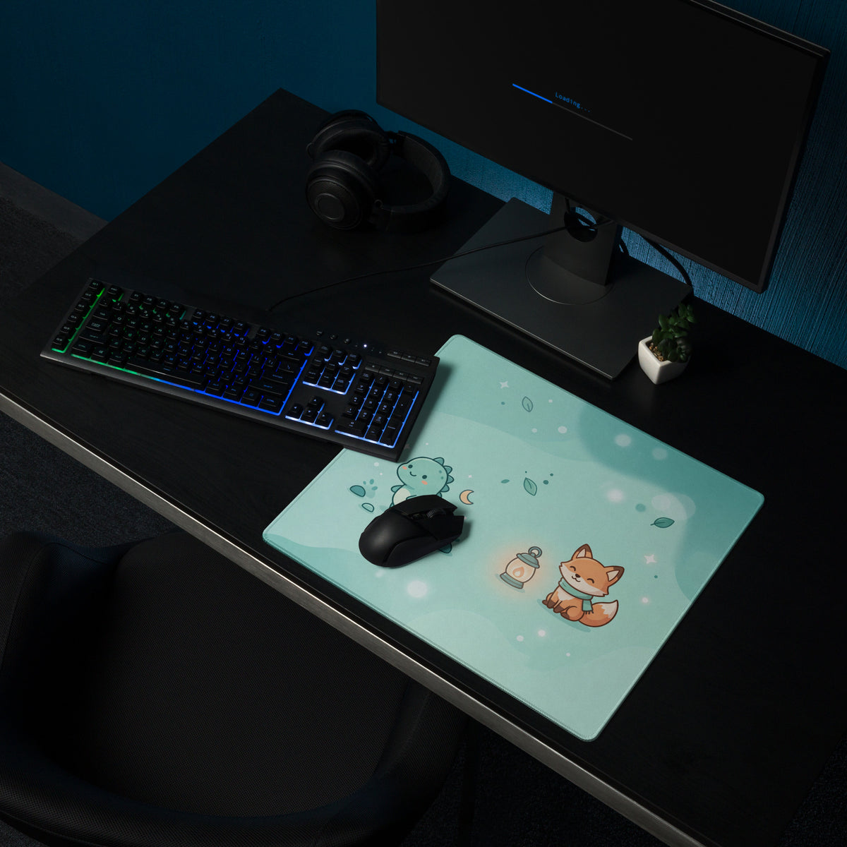 Cute Teal Galaxy Gaming Mouse Pad With Moon And Cloud Design