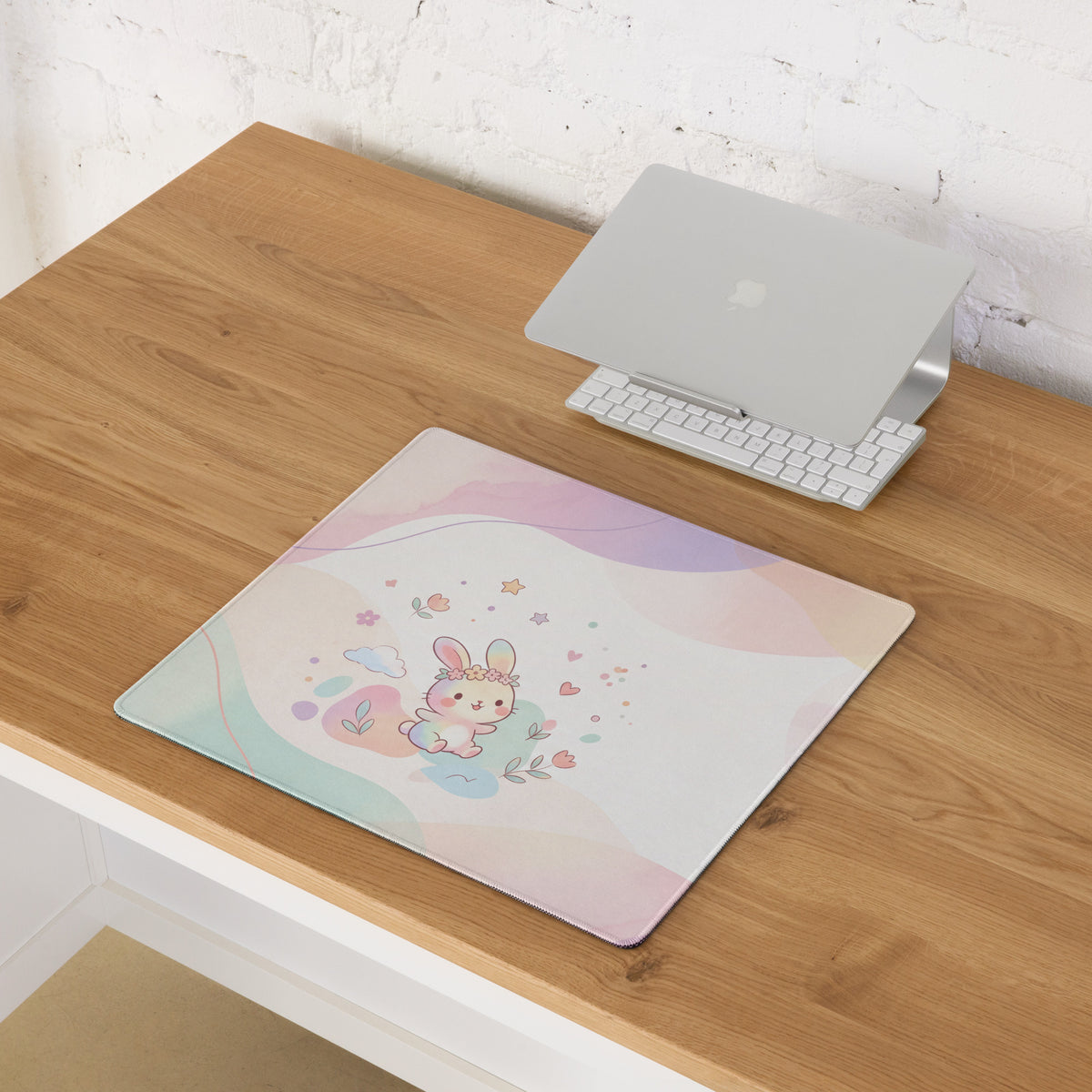 Pastel Cute Bunny Garden Mouse Pad with Flowers Hearts Teapot Design