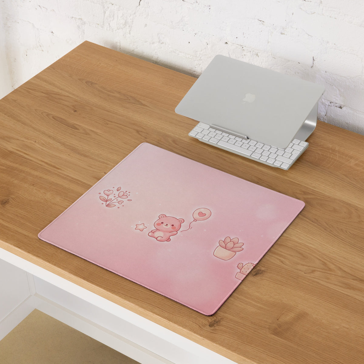 Pink Gaming Mouse Pad With Cute Bear Pattern & Flowers