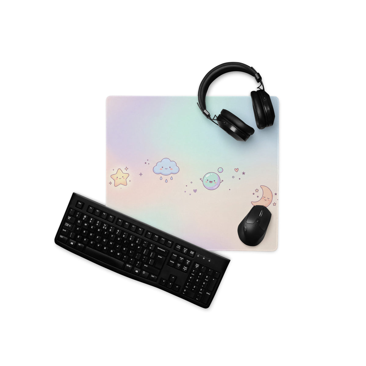 Pastel Cute Gaming Mouse Pad With Moon Stars Doodles