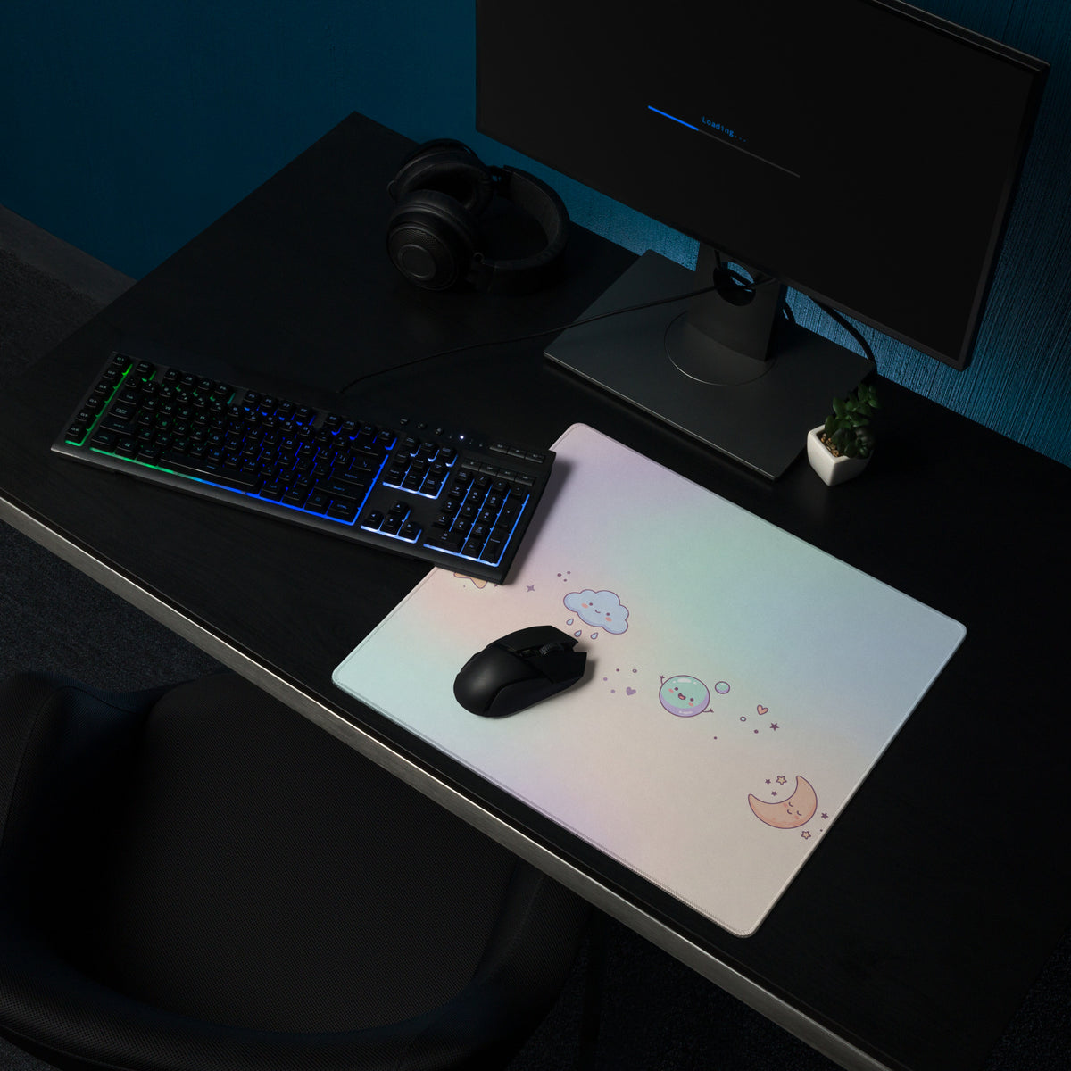 Pastel Cute Gaming Mouse Pad With Moon Stars Doodles