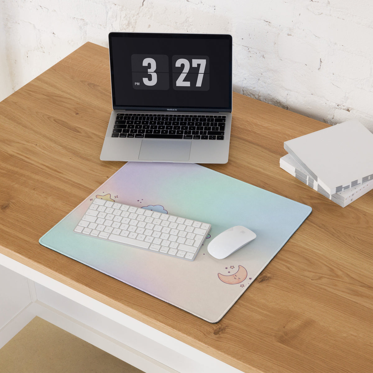 Pastel Cute Gaming Mouse Pad With Moon Stars Doodles