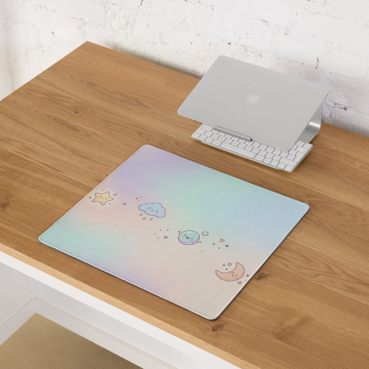 Pastel Cute Gaming Mouse Pad With Moon Stars Doodles