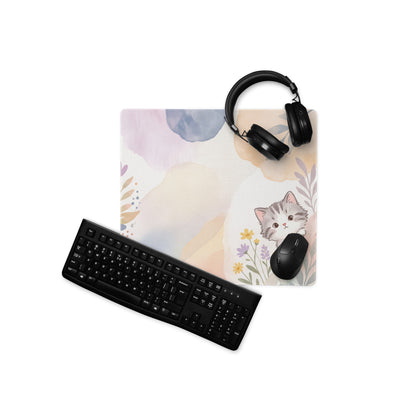 Pastel Floral Cat Theme Gaming Mouse Pad Cute Girly Design