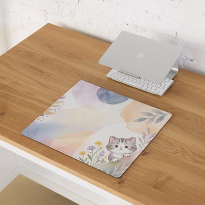 Pastel Floral Cat Theme Gaming Mouse Pad Cute Girly Design