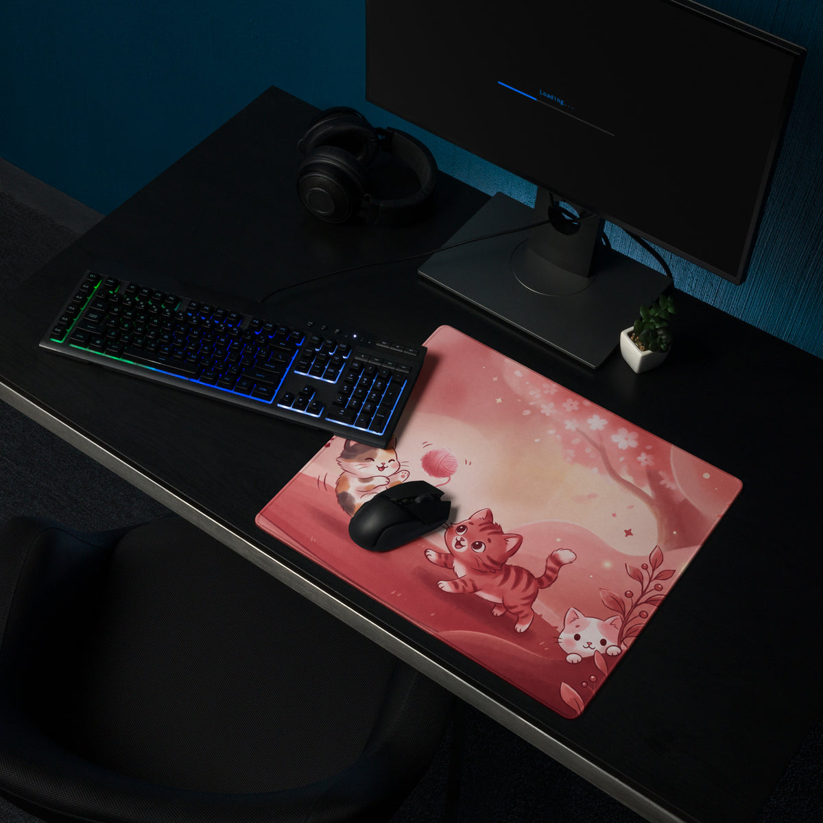 Pink Kitty Glitter Gaming Mouse Pad With Cute Flowers