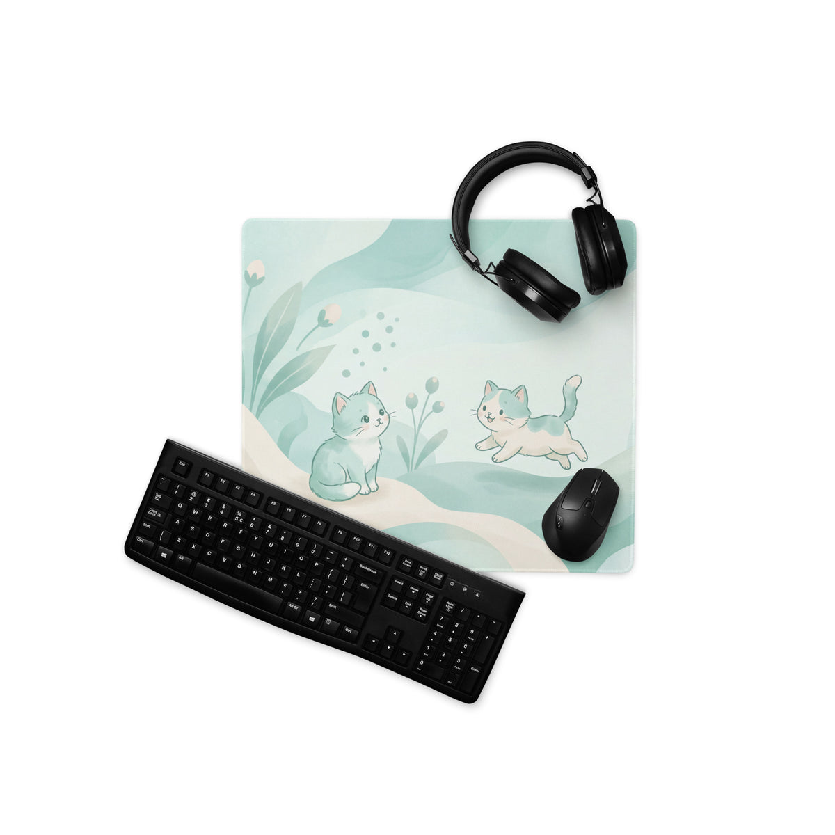 Pastel Cat Themed Gaming Mouse Pad Mint Blue
