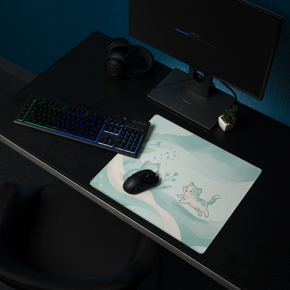 Pastel Cat Themed Gaming Mouse Pad Mint Blue