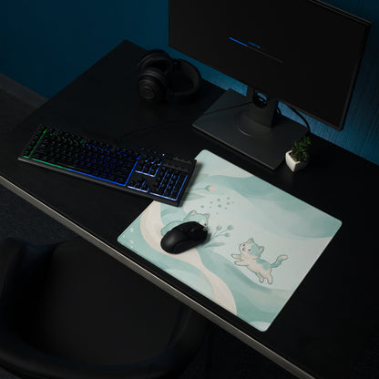 Pastel Cat Themed Gaming Mouse Pad Mint Blue
