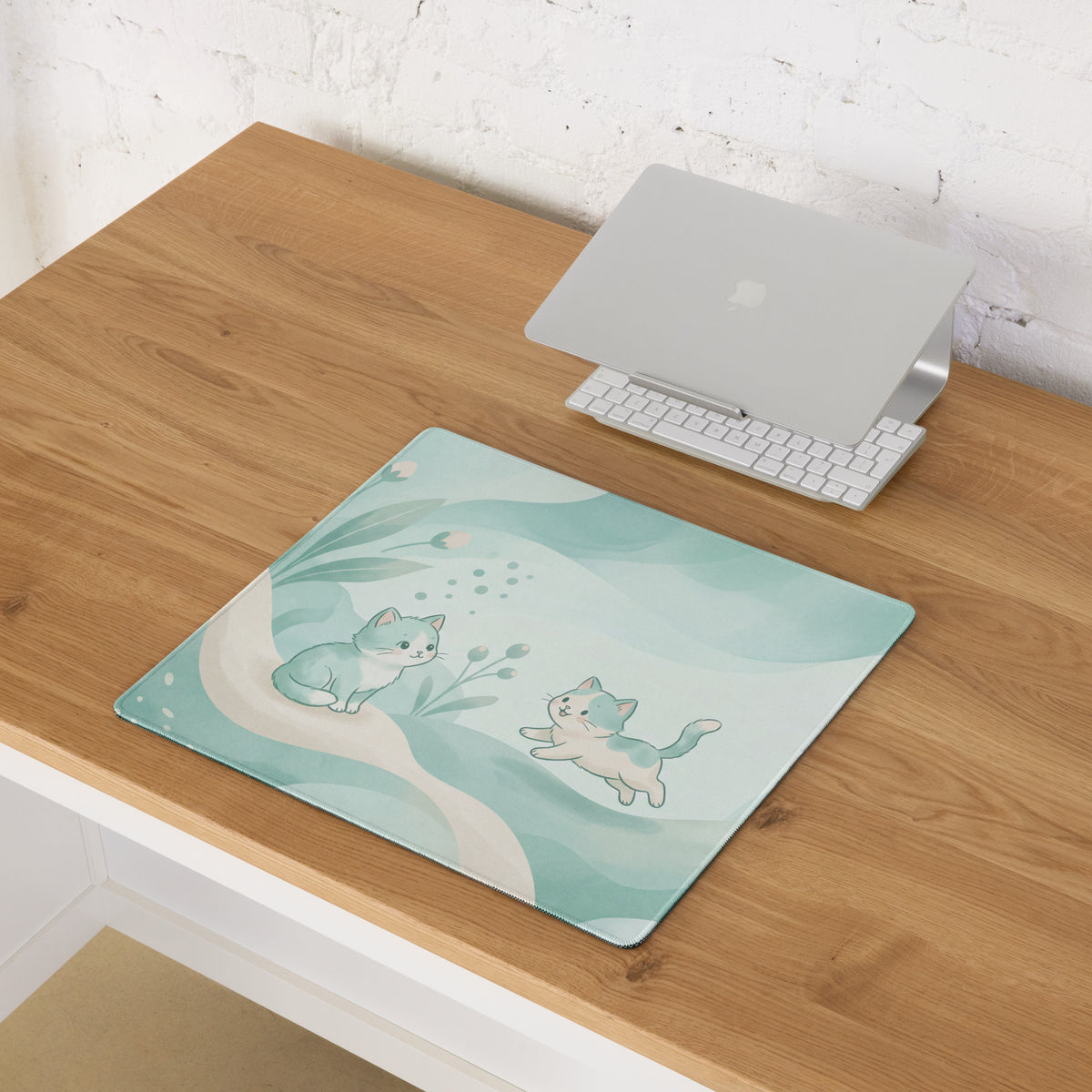Pastel Cat Themed Gaming Mouse Pad Mint Blue