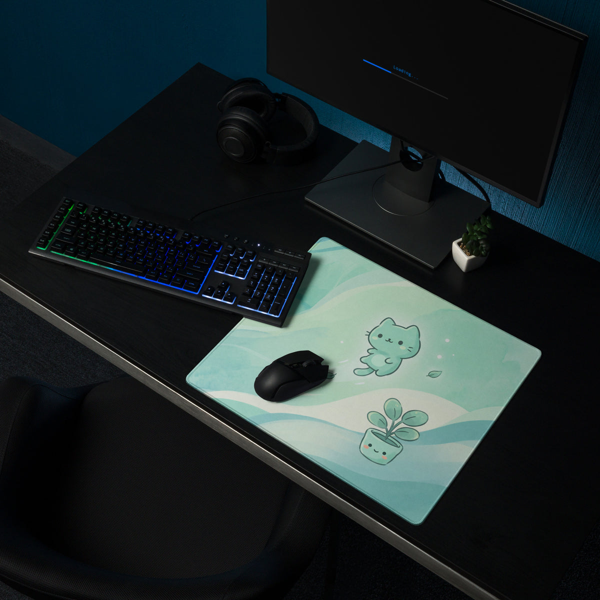 Cute Mint Green Kawaii Cat Mouse Pad